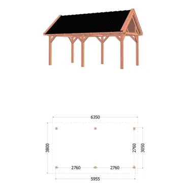 Buitenverblijf Zadeldak XL 635x380x395 cm (bxdxh) - tekening met afmetingen