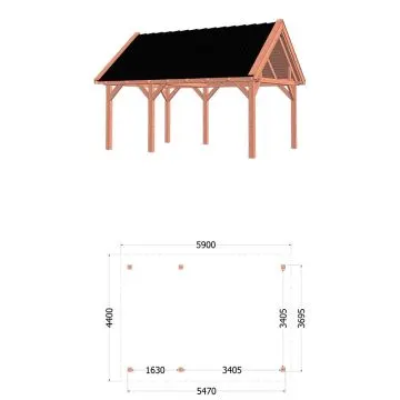 Buitenverblijf Zadeldak XL 590x440x425 cm (bxdxh) - tekening met afmetingen 
