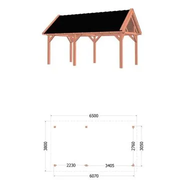 Buitenverblijf Zadeldak XL 650x380x395 cm (bxdxh) - tekening met afmetingen