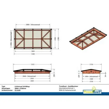 Lichtstraat schilddak 3004x1536mm (lxb) incl. gelaagd isolatieglas en profielen