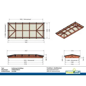 Lichtstraat schilddak 3738x1536mm (lxb) incl. gelaagd isolatieglas en profielen