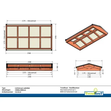 Lichtstraat zadeldak 2500mm, 1300mm diep incl. gelaagd isolatieglas en profielen