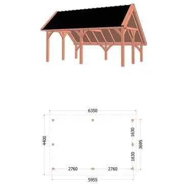 Kapschuur de Hoeve XL 635x440x375 cm (bxdxh) - tekening met afmetingen