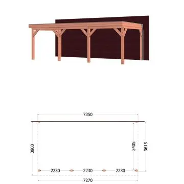 Aanbouwveranda Ancona 735x390x260 cm (bxdxh) - vooraanzicht met afmetingen Trendhout