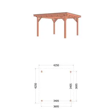 Buitenverblijf Florence 425x425x260 cm (bxdxh) - vooraanzicht met afmetingen