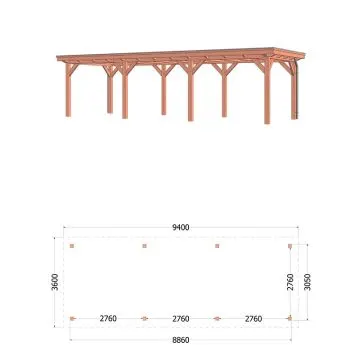 Buitenverblijf Florence 940x360x260 cm (bxdxh) - vooraanzicht met afmetingen