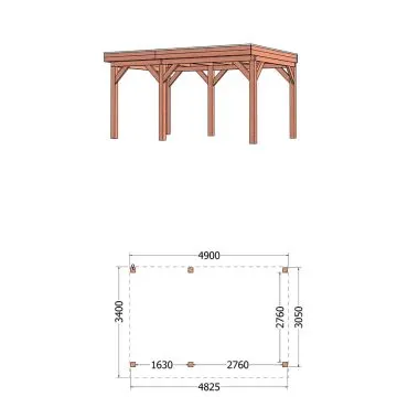 Buitenverblijf Refter XL 490x340x260 cm (bxdxh) - tekening met afmetingen links