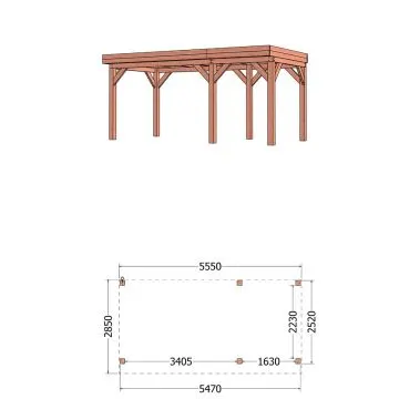 Buitenverblijf Refter XL 555x285x260 cm (bxdxh) - tekening met afmetingen rechts