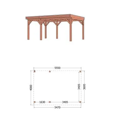 Buitenverblijf Refter XL 555x400x260 cm (bxdxh) - tekening met afmetingen links
