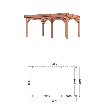 Buitenverblijf Refter XL 555x400x260 cm (bxdxh) - tekening met afmetingen rechts