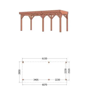 Buitenverblijf Refter XL 615x285x260 cm (bxdxh) - tekening met afmetingen rechts