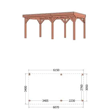Buitenverblijf Refter XL 615x340x260 cm (bxdxh) - tekening met afmetingen rechts