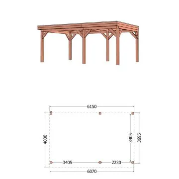 Buitenverblijf Refter XL 615x400x260 cm (bxdxh) - tekening met afmetingen rechts