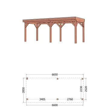 Buitenverblijf Refter XL 665x285x260 cm (bxdxh) - tekening met afmetingen rechts