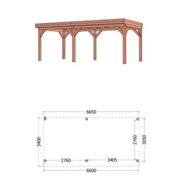 Buitenverblijf Refter XL 665x340x260 cm (bxdxh) - tekening met afmetingen links