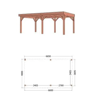Buitenverblijf Refter XL 665x400x260 cm (bxdxh) - tekening met afmetingen rechts