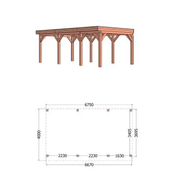 Buitenverblijf Refter XL 675x400x260 cm (bxdxh) - tekening met afmetingen rechts