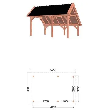 Kapschuur de Hoeve XL 525x380x345 cm (bxdxh) - tekening met afmetingen rechts