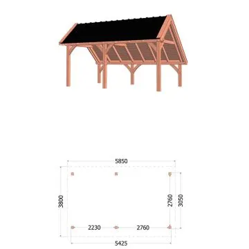 Kapschuur de Hoeve XL 585x380x345 cm (bxdxh) - tekening met afmetingen links