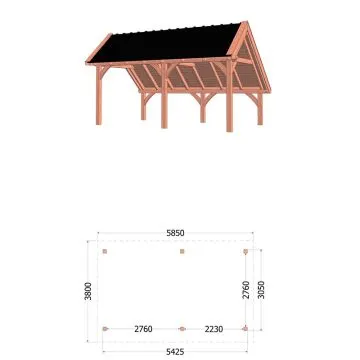 Kapschuur de Hoeve XL 585x380x345 cm (bxdxh) - tekening met afmetingen rechts