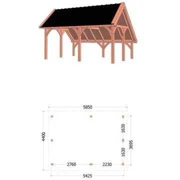 Kapschuur de Hoeve XL 585x440x375 cm (bxdxh) - tekening met afmetingen rechts