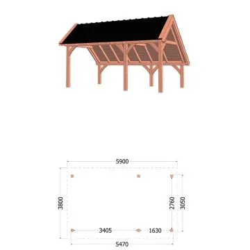Kapschuur de Hoeve XL 590x380x345 cm (bxdxh) - tekening met afmetingen