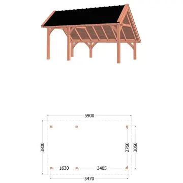 Kapschuur de Hoeve XL 590x380x345 cm (bxdxh) - tekening met afmetingen links
