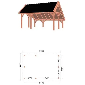 Kapschuur de Hoeve XL 590x440x375 cm (bxdxh) - tekening met afmetingen links