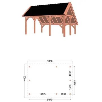 Kapschuur de Hoeve XL 590x440x375 cm (bxdxh) - tekening met afmetingen rechts