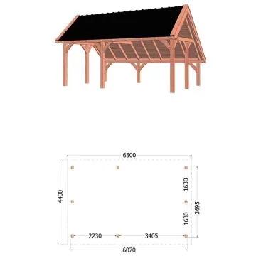 Kapschuur de Hoeve XL 650x440x375 cm (bxdxh) - tekening met afmetingen links
