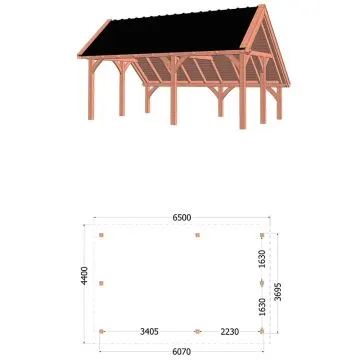 Kapschuur de Hoeve XL 650x440x375 cm (bxdxh) - tekening met afmetingen rechts