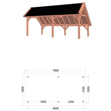 Kapschuur de Hoeve XL 700x380x345 cm (bxdxh) - tekening met afmetingen rechts