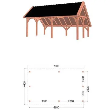 Kapschuur de Hoeve XL 700x440x375 cm (bxdxh) - tekening met afmetingen rechts
