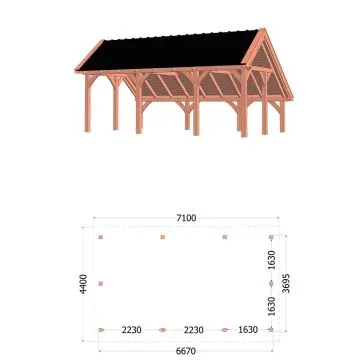 Kapschuur de Hoeve XL 710x440x375 cm (bxdxh) - tekening met afmetingen rechts