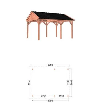 Zadeldak Betula 505x415x335 cm (bxdxh) - tekening met afmetingen