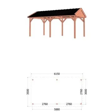 Zadeldak Betula 615x350x315 cm (bxdxh) - tekening met afmetingen