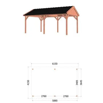 Zadeldak Betula 615x415x335 cm (bxdxh) - tekening met afmetingen
