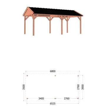 Zadeldak Betula 680x350x315 cm (bxdxh) - tekening met afmetingen