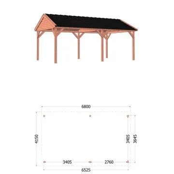 Zadeldak Betula 680x415x335 cm (bxdxh) - tekening met afmetingen