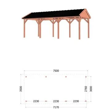 Zadeldak Betula 750x350x315 cm (bxdxh) - tekening met afmetingen