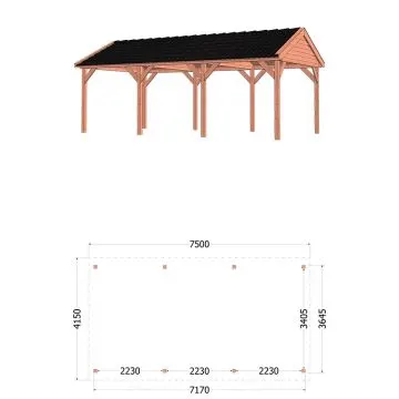 Zadeldak Betula 750x415x335 cm (bxdxh) - tekening met afmetingen
