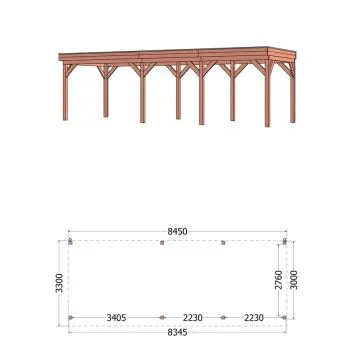 Buitenverblijf Casa 845x330x260 cm (bxdxh) - vooraanzicht met afmetingen