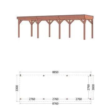 Buitenverblijf Casa 885x330x260 cm (bxdxh) - vooraanzicht met afmetingen