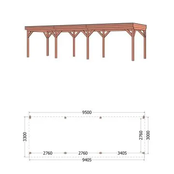 Buitenverblijf Casa 950x330x260 cm (bxdxh) - vooraanzicht met afmetingen