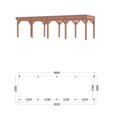 Buitenverblijf Casa 960x330x260 cm (bxdxh) - vooraanzicht met afmetingen