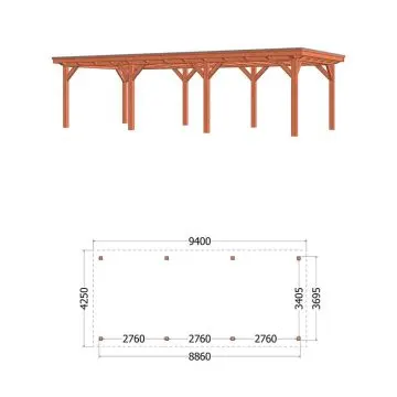 Buitenverblijf Florence 940x425x260 cm (bxdxh) - vooraanzicht met afmetingen