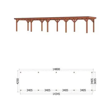 Buitenverblijf Florence 1480x425x260 cm (bxdxh) - vooraanzicht met afmetingen