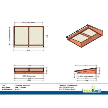 Lichtstraat lessenaar 2000mm, 1300mm diep incl. gelaagd isolatieglas en profielen