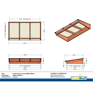 Lichtstraat lessenaar 2500mm, 1300mm diep incl. gelaagd isolatieglas en profielen
