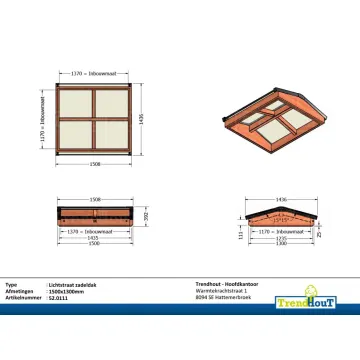 Lichtstraat zadeldak 1500mm, 1300mm diep incl. gelaagd isolatieglas en profielen